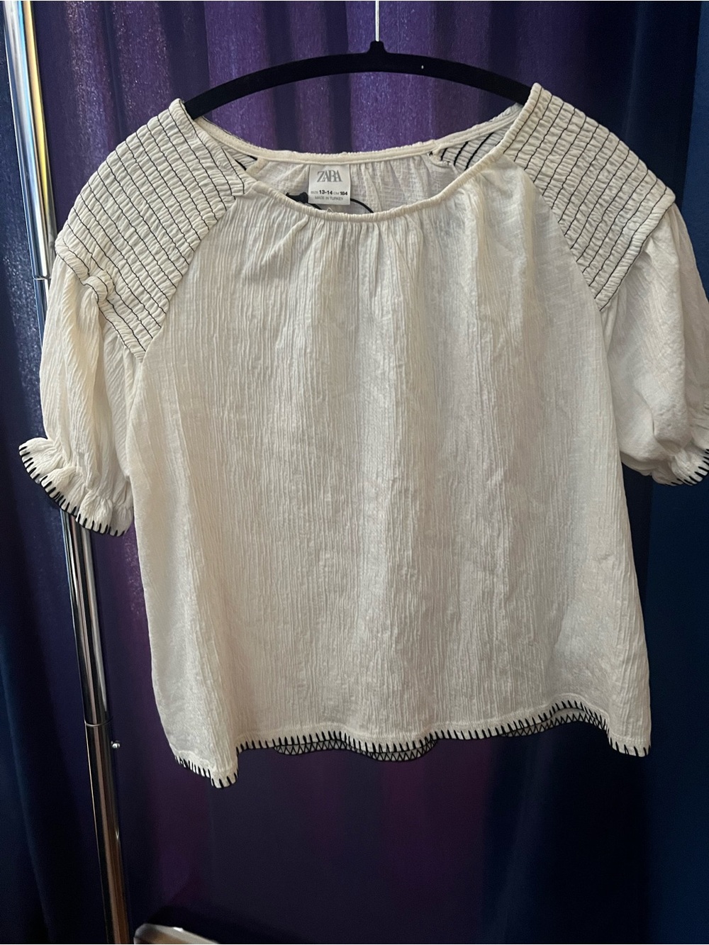 Zara Cream Short Sleeve Textured Top with Black Stitch Trim